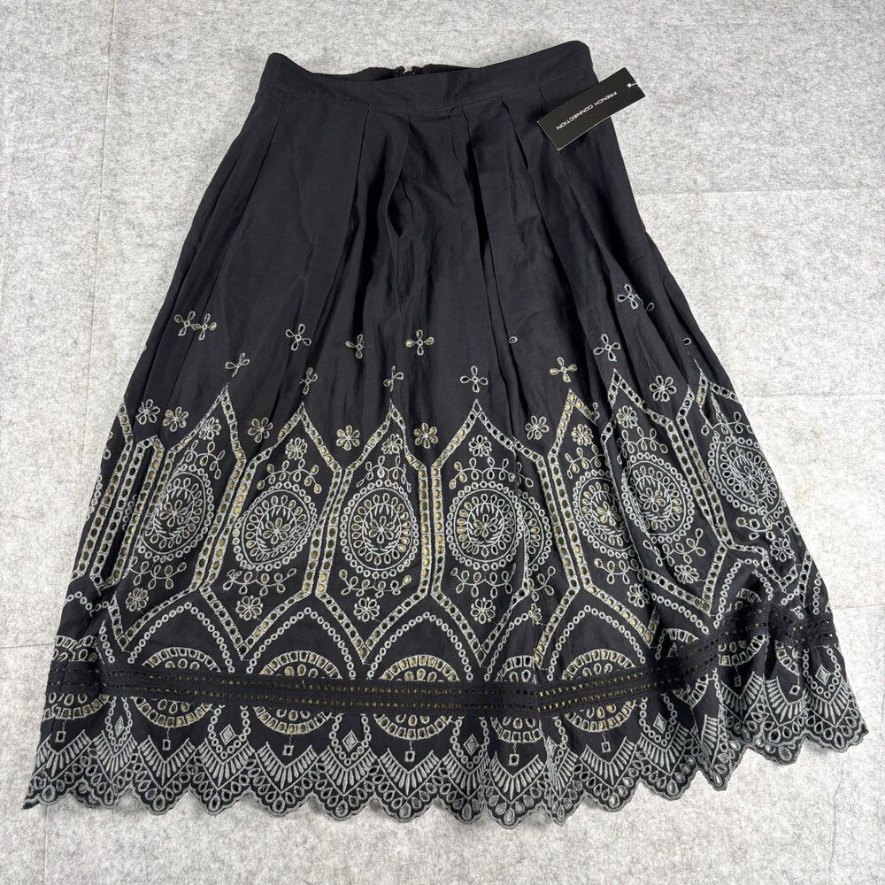 French Connection Black Eyelet Embroidered Midi Skirt Cotton Womens Size 8 NWT